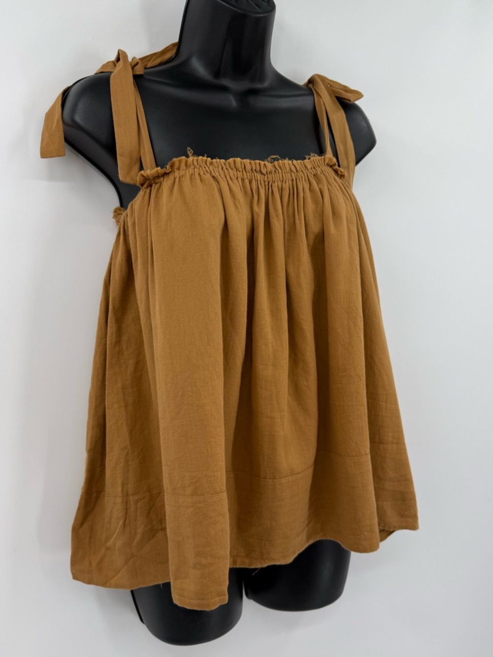 Loup Charmant Organic Cotton Tie Shoulder Gathered Top | Ochre | Medium